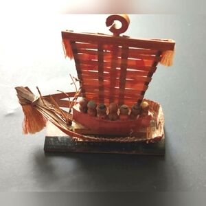 Vintage Wooden Ship With 7 Attached Wooden People